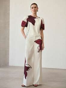 MOTF PREMIUM WOMEN ASYMMETRIC FLORAL PRINT SHORT SLEEVE TOP AND PANTS 2 PIECES SET - Apricot - View 4