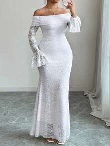 Elenzga 大码女式纯色简约日常穿搭露肩蕾丝长袖连衣裙 - 白色 - 查看 3