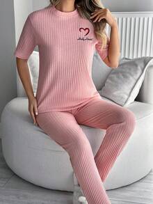 EURMUSE 100%Cotton Letter Embroidery Ribbed Knit Lounge Set - Pink - View 3