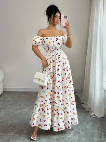 SHEIN Elenzya 休闲舒适、魅力十足、复古优雅的女士温柔浪漫度假风泡泡袖可转换连衣裙，收腰A字下摆印花连衣裙，适合夏季日常通勤和旅行穿着。 - 彩色 - 查看 6