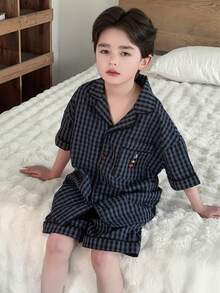 DAZY 男童格子短袖上衣和短裤睡衣套装（春季款） - 藏蓝色 - 查看 2