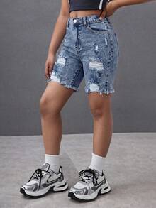 SHEIN 青少年女孩時尚休閒 Y2k 復古酷感鏤空破洞磨邊街頭淺藍色破洞彈力緊身牛仔短褲，適合青少年女孩日常穿著、春夏季派對、音樂節與街頭風穿搭 - 藍色 - 查看 3