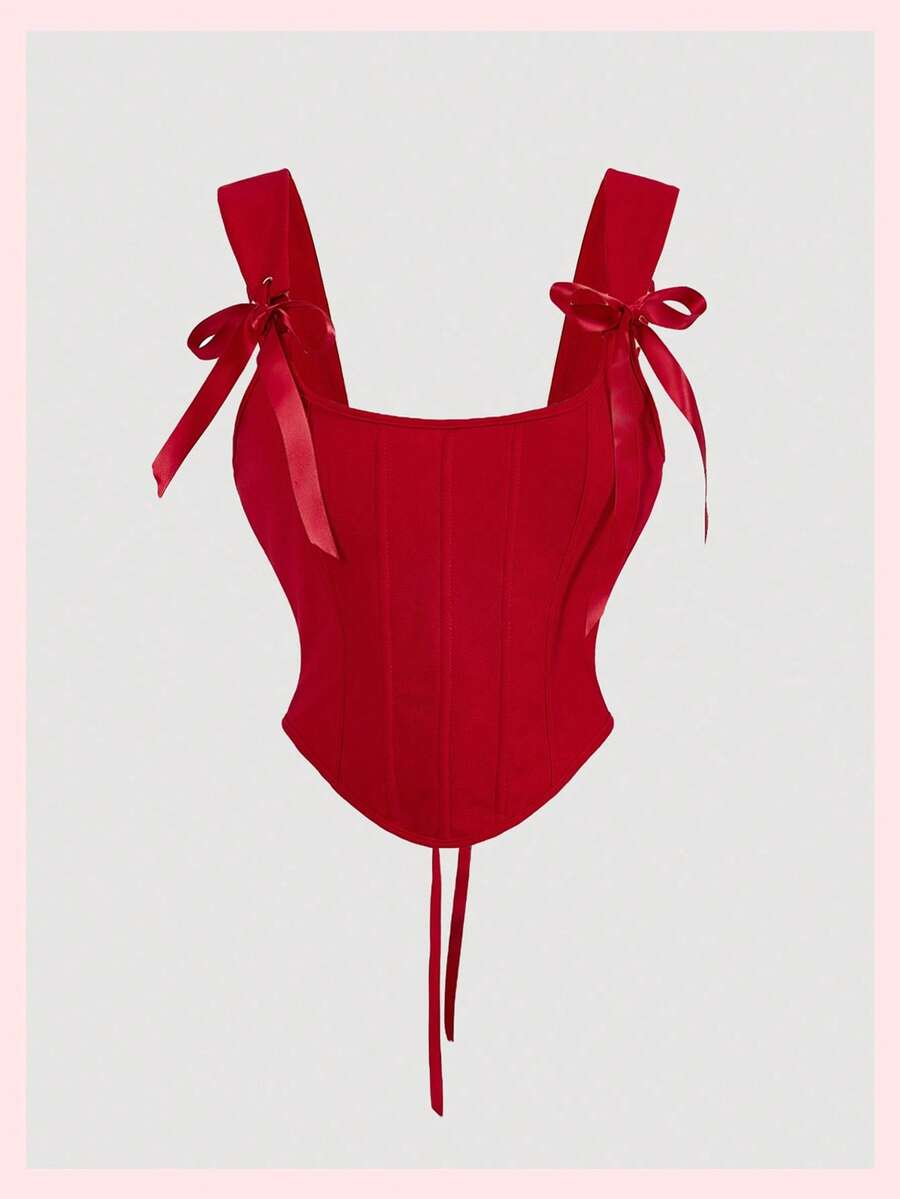 SHEIN MOD Bow Front Tie Back Red Corset Vest, Outfit, Holiday Outfit, New Year's Eve Outfit, Vest For Going Out, Top,Thanksgiving Outfit - Red - View 1