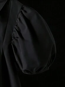 SHEIN 少女夏季时尚休闲生日派对泡泡短袖撞色蝴蝶结装饰连衣裙 - 黑色 - 查看 3