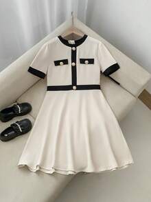 SHEIN 青少年女孩編織撞色圓領休閒洋裝 - 黑與白 - 查看 13