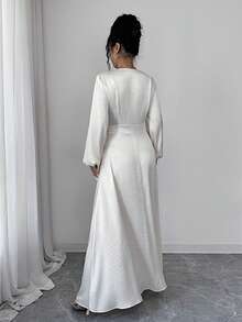 Elenzga Đầm midi nữ bằng vải satin nhăn, cổ chữ V sâu. - Màu be - Xem 2