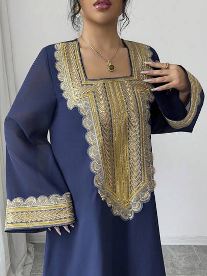 Al Najma Women's Square Neck Long Sleeve Loose Chiffon Elegant Luxurious Party Arabic Style Dress