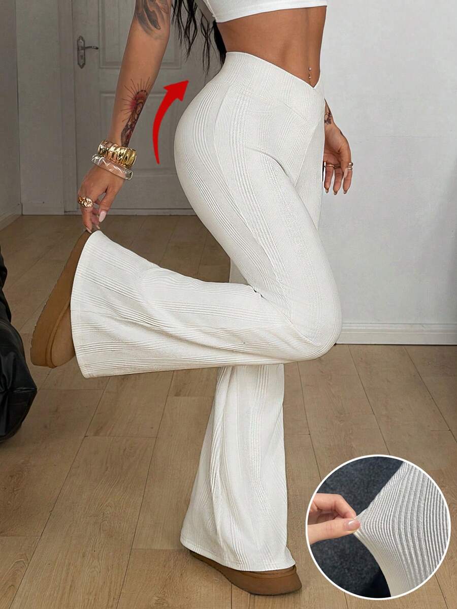 Coolane Women's Spring/Summer Basic Daily Wear Knit Streetwear Casual Yoga Simple V-Shaped Waist White Knitted Flare Leggings - White - View 1