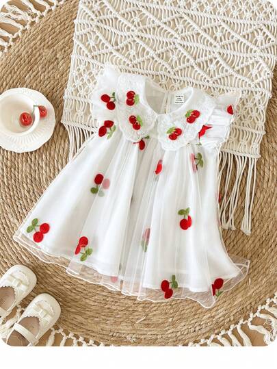 Vestido de malla con estampado de cerezas lindo para niña bebé, verano