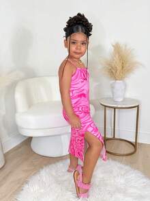 Young Girl Casual Vacation Daily Pink Tie-Dye Textured Snug Fit Dress - Pink - View 4