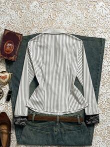 Rina Fox 女士条纹印花蕾丝拼接前扣长袖衬衫 - 彩色 - 查看 2