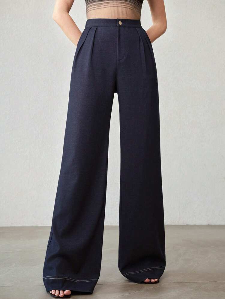 SOLID HIGH WAIST FOLD PLEATED WIDE LEG PANTS