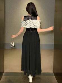 女士优雅波点拼接露肩长款连衣裙 - 黑色 - 查看 6