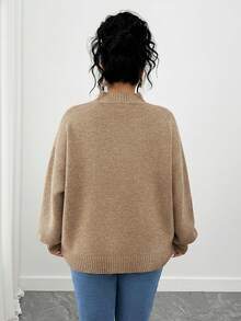 SHEIN Tall CURVE Plus Size Casual Drop Shoulder Crew Neck Long Sleeve Sweater - Camel - View 2