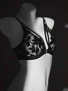 1pc Women Lace Front Closure Wireless Bra - Black - View 3