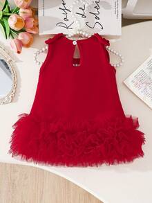 SHEIN Vestido elegante sin mangas con cuello redondo y decoración de lazo, unicolor, para niñas, verano - Rojo - Ver 2
