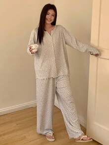 Dazy Plus Plus Size Women Ditsy Floral Long Sleeve Button-Up Top And Pants Pajama Set - Grey - View 6