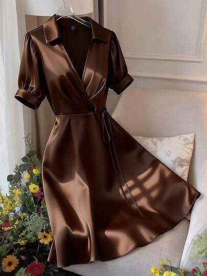 Franclia Women's Elegant Casual Chocolate Brown Shirt Collar Puff Sleeve Tie Satin Mini Dress, Perfect For Vacations, Summer, Spring Break, Work, Wedding Bridesmaid Dress, Romantic Date, Brown Satin Dress. Brown Dresses Classy Elegant Chocolate Brown Dress Coffee Brown Dress Dark Brown Dress