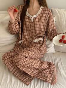 DAZY Bộ đồ ngủ 2 món gồm áo khoác cardigan dài tay và quần dài, phối ren và họa tiết kẻ caro, dành cho nữ, mùa thu. - Màu Khaki - Xem 4