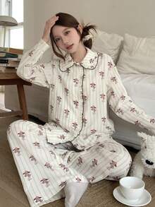 DAZY Happy Dog Striped Print Frill Trim Loose Women Pajama Set - White - View 9