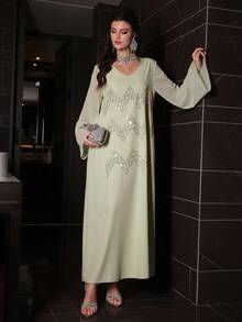 Al Najma V-Neck Embroidered Beaded Loose Long Dress, Traditional Abaya Style, Light Green - Green - View 4