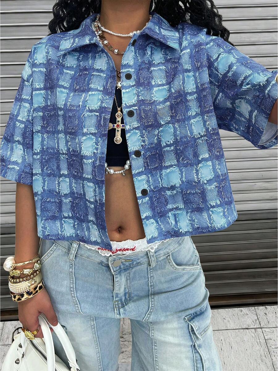 SHEIN Camisa casual holgada de manga corta a cuadros para mujer - Azul - Ver 1