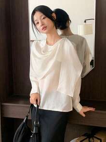 DAZY Women's Casual French Style Loose Collar Long Sleeve Sun Protection Shirt, Lazy & Youthful - Beige - View 4