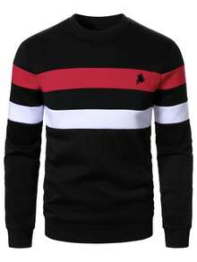 Manfinity Homme Men's Striped Pattern Embroidered Crew Neck Long Sleeve Pullover Sweatshirt, Fashionable Casual - Multicolor - View 3