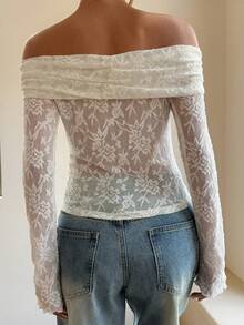 DAZY Women's One-Shoulder Long Sleeve Lace Fabric Fitted Casual T-Shirt, Sexy & Elegant - White - View 3