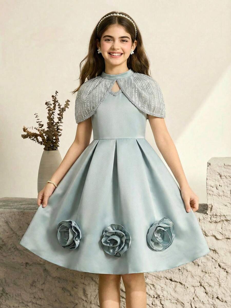少女时尚派对3D立体花朵喇叭裙
