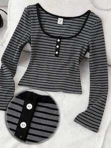 Áo khoác cardigan cổ tròn kẻ sọc tay dài dành cho nữ tuổi teen, phong cách thường ngày, đa năng, thích hợp cho mùa thu/đông. - Xám - Xem 2