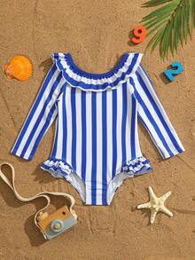 SHEIN Baby Girls' One-Piece Swimsuit With Bowknot Print,Long Sleeve Blue Rash Guard Bathing Suits,Beach Wear For Summer Holiday - Multicolor - View 2