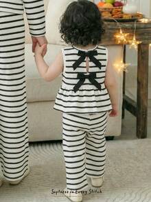 Cozy Pixies 2件套女婴撞色蝴蝶结圆领无袖上衣和松紧腰裤套装 - 彩色 - 查看 3