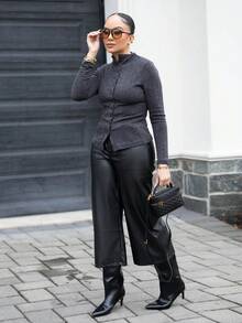 Melissa Matos 女式纯色前扣长袖衬衫，休闲日常穿着 - 黑色 - 查看 1