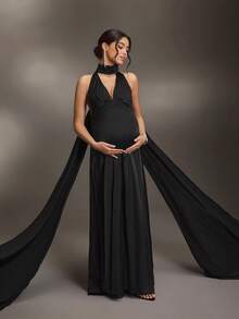 Cheriluna Maternity 纯色长款露背V领孕妇写真连衣裙，带缎带 - 黑色 - 查看 6