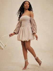 NYA SZN Dress Off The Shoulder Long Sleeve Smocked Bubble Hem Fitted Cinch Brown Gingham Valentine's Day Easter St. Patrick's Day Spring Outfits For Women - Multicolor - View 4