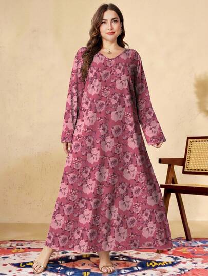 SHEIN Najma Plus Size Women's Floral & Botanical Print V-Neck Long Sleeve Elegant Arabic Style Maxi Dress, Spring/Summer