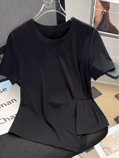 GlowEve CURVE Plus Size Women Slimming Waist Asymmetrical Hem Short Sleeve T-Shirt, Fashion Summer New Arrival Classy Top Black Blouse For Women Black Work Top