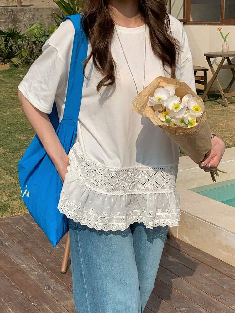 Women's Summer Round Neck Short Sleeve Lace Patchwork Casual Elegant T-Shirt