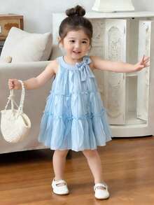 SHEIN 女婴春季无袖天蓝色A字连衣裙，饰有蝴蝶结，甜美公主风，圆领，适合日常穿着 - 藍色 - 查看 10
