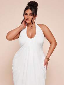 SHEIN BAE 加大码白色U领褶皱裹身系带连衣裙 - 白色 - 查看 6