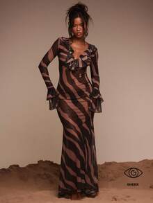 MUSERA Extreme Frill Plunge Front Ruffle Sleeves Fitted Zebra Print Beach Maxi Dress Cover Up Extreme Frill Plunge Front Ruffle Sleeves - Multicolor - View 1