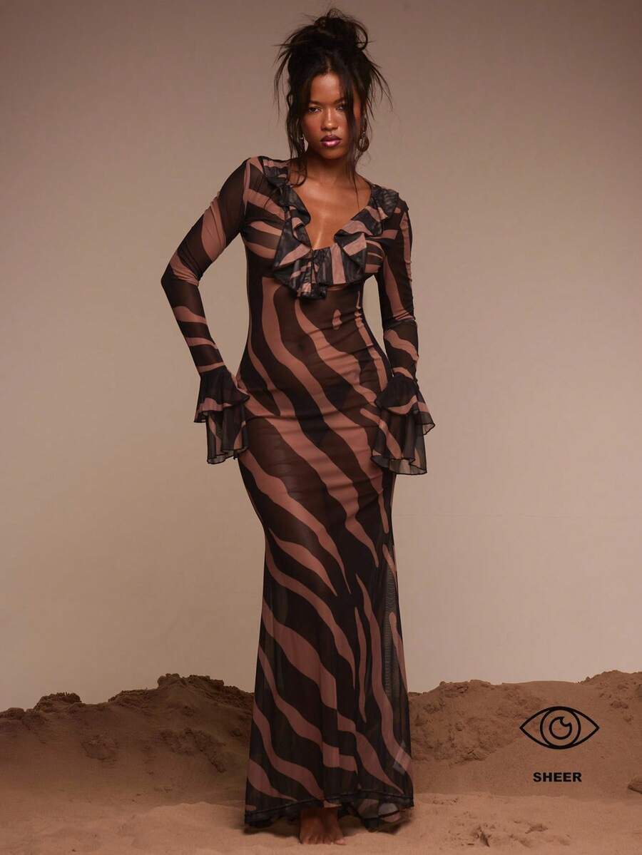 MUSERA Extreme Frill Plunge Front Ruffle Sleeves Fitted Zebra Print Beach Maxi Dress Cover Up Extreme Frill Plunge Front Ruffle Sleeves - Multicolor - View 1