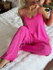 SHEIN Women's Knitted Ribbed Contrast Lace Heart Print Camisole And Long Pants Pajama Set, Suitable For All Seasons - Hot Pink - View 5
