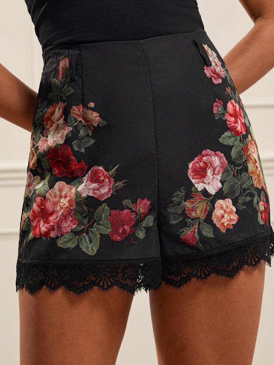 Lilora 女士优雅蕾丝拼接花卉短裤 - 黑色 - 查看 1