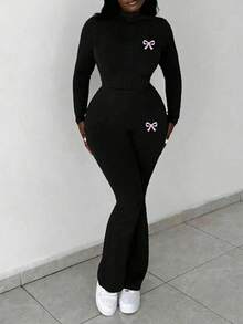 Slaydiva 两件套女士休闲基础款高弹修身长袖拉链字母印花上衣和裤子套装 - 黑色 - 查看 5