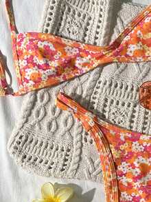 Swim Mod 夏季新款欧美甜美碎花撞色格纹双面两件式泳衣套装，配有抽绳，性感高衩比基尼下装，碎花撞色滚边带衬垫比基尼上装，适合海滩、泳池、生日派对等场合。 - 彩色 - 查看 6