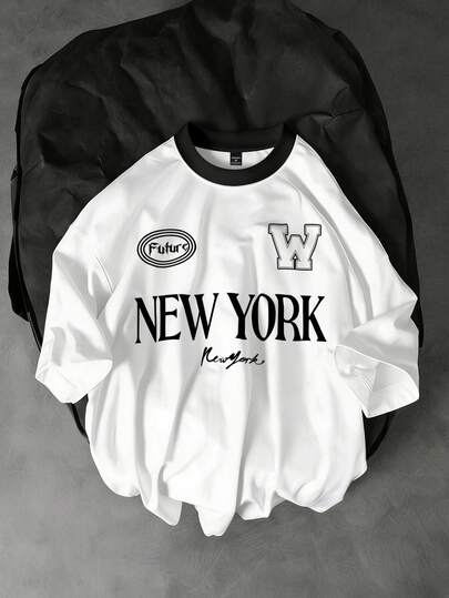 Manfinity EMRG Men's Retro American New York Letter Print Contrast Collar Round Neck T-Shirt