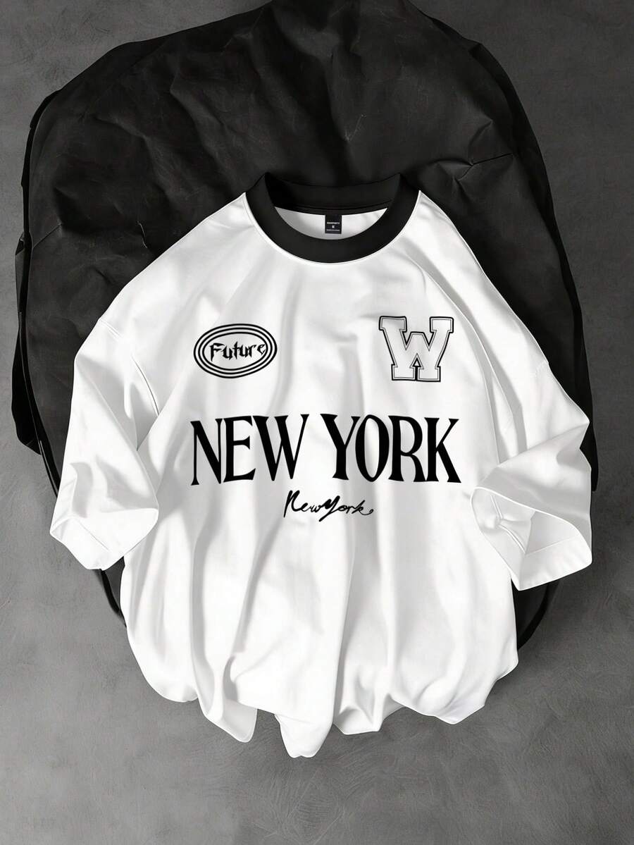 Manfinity EMRG 男士复古美式纽约字母印花撞色领圆领T恤 - 彩色 - 查看 1