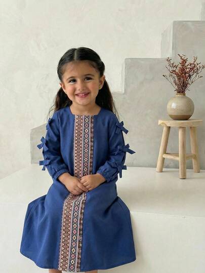 SHEIN Ung flicka vävd enfärgad fyrkantig halsringning rosettdekor avslappnad klänning